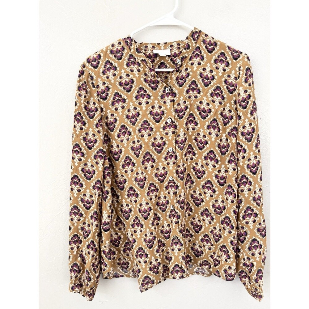 J. Jill Boho Leaf Print Shirt Button-Up Long Sleeve Blouse Small Boxy Top